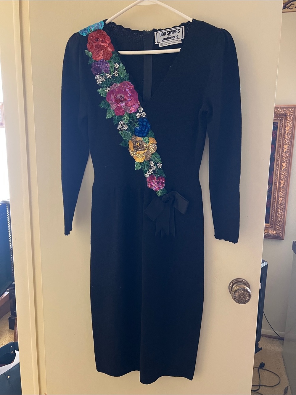 Don Sayres Black Long-Sleeve Dress with Floral Sequines Sash